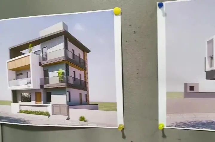 3D view of a farmhouse villa with garden and driveway near Ahmedabad, designed by Sharda Engineers and Contractors