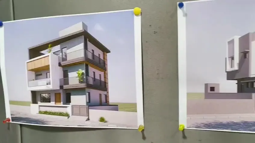 3D view of a farmhouse villa with garden and driveway near Ahmedabad, designed by Sharda Engineers and Contractors
