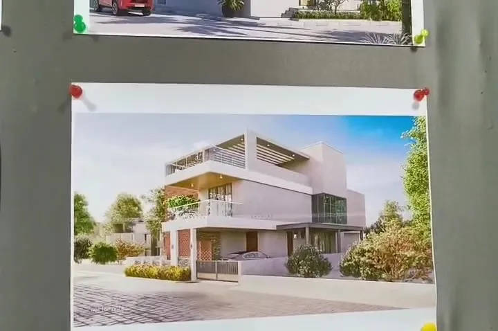 3D elevation of a contemporary white villa with deep balconies designed by Sharda Engineers and Contractors