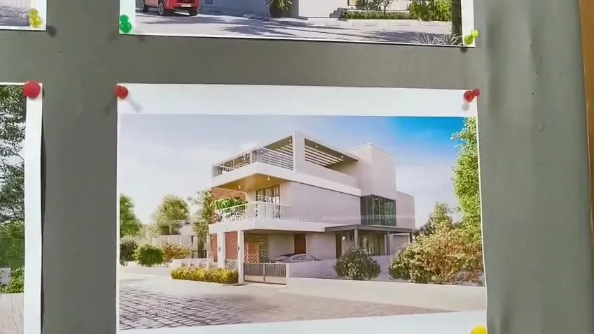3D elevation of a contemporary white villa with deep balconies designed by Sharda Engineers and Contractors