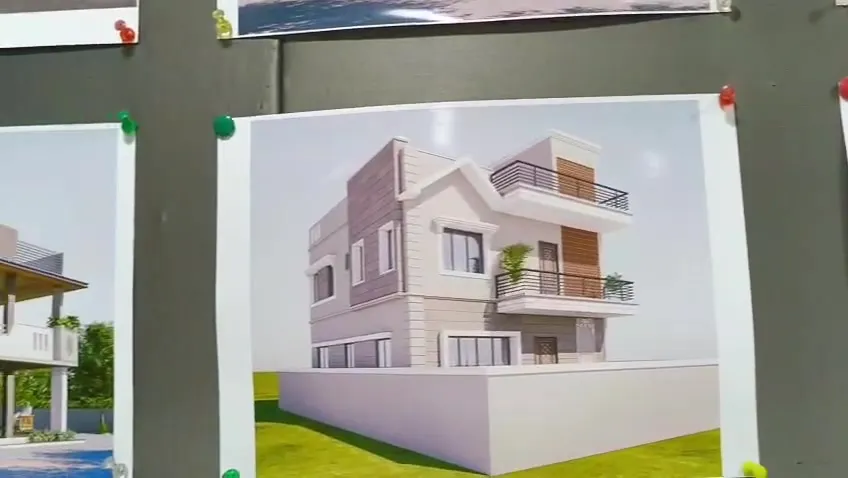 3D elevation of twin duplex bungalows with matching facades, designed by Sharda Engineers and Contractors
