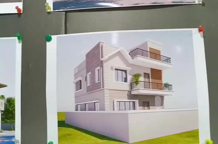 3D elevation of twin duplex bungalows with matching facades, designed by Sharda Engineers and Contractors